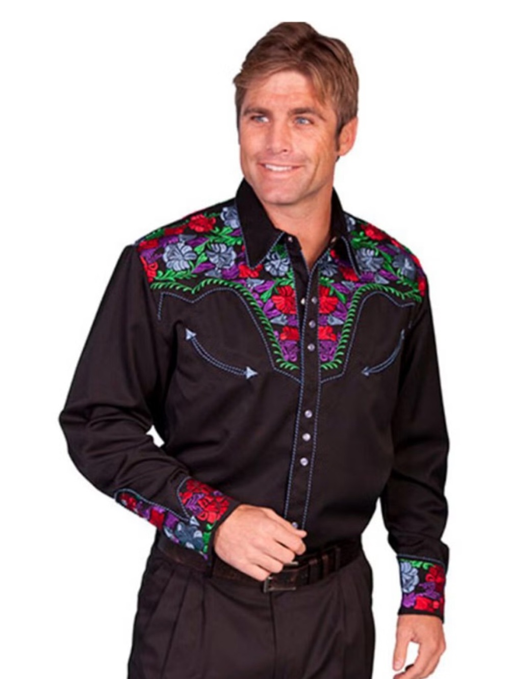 SCULLY MEN'S VIBRANT FLORAL EMBROIDERED RETRO LONG SLEEVE WESTERN SHIRT